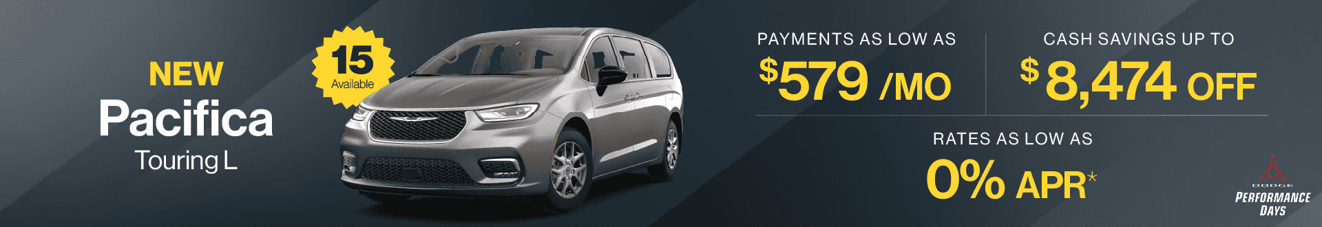 2024 Pacifica Touring L : Cash savings up to up to $8,474 off - Payments as low as $579 per month - Rates as low as 0% APR