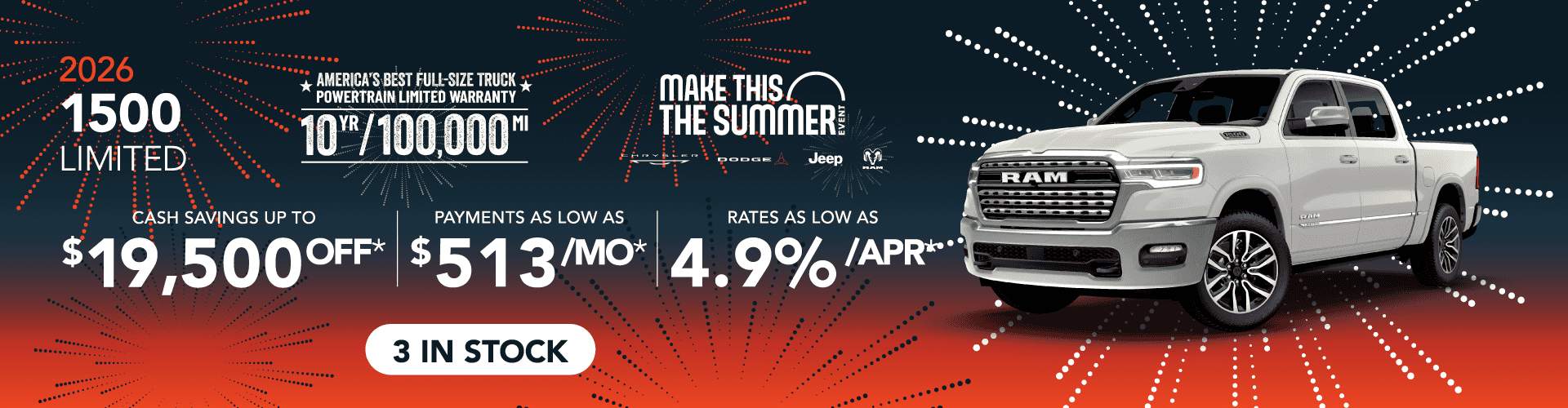 2026 Ram 1500 Limited : Cash savings up to up to $19,500 - Rates as low as 4.9% APR - Payments as low as $513 per month