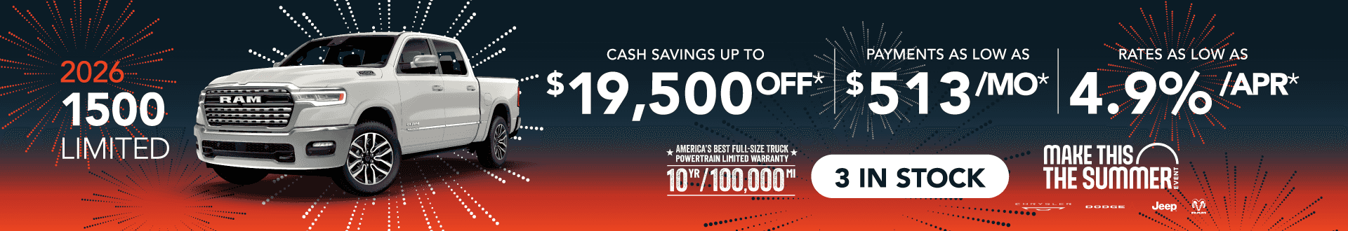 2026 Ram 1500 Limited : Cash savings up to up to $19,500 - Rates as low as 4.9% APR - Payments as low as $513 per month