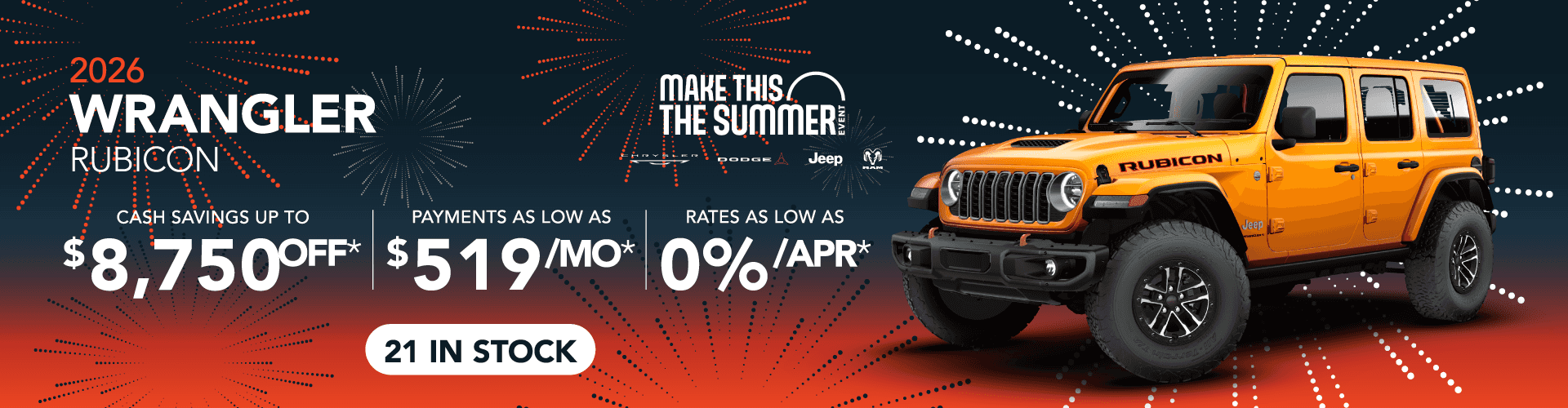 2026 Wrangler Rubicon : Cash savings up to up to $8,750 off - Payments as low as $519 per month - Rates as low as 0% APR