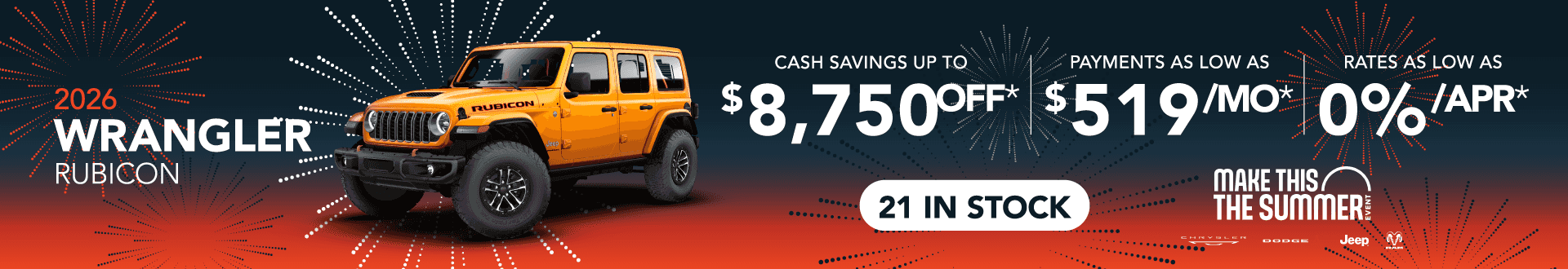 2026 Wrangler Rubicon : Cash savings up to up to $8,750 off - Payments as low as $519 per month - Rates as low as 0% APR