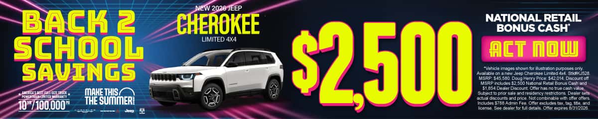 New 2026 Jeep Cherokee Limited 4x4 $2,500 National Retail Bonus Cash*