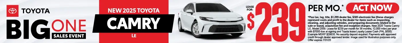 New 2025 Toyota Camry LE Lease for $239 Per Month*