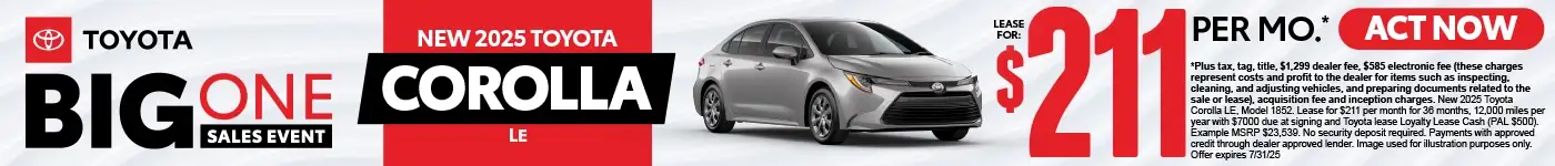 New 2025 Toyota Corolla LE Lease for $211 Per Month*