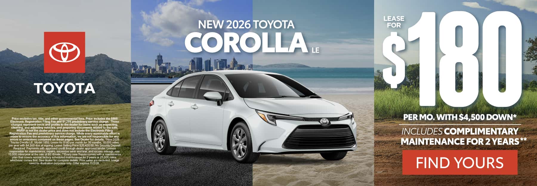 2026 Toyota Corolla LE Lease for $180 Per month with $4,500 down*  