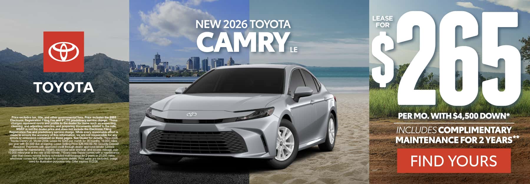 2026 Toyota Camry LE Lease for $265 Per month with $4,500 down* 