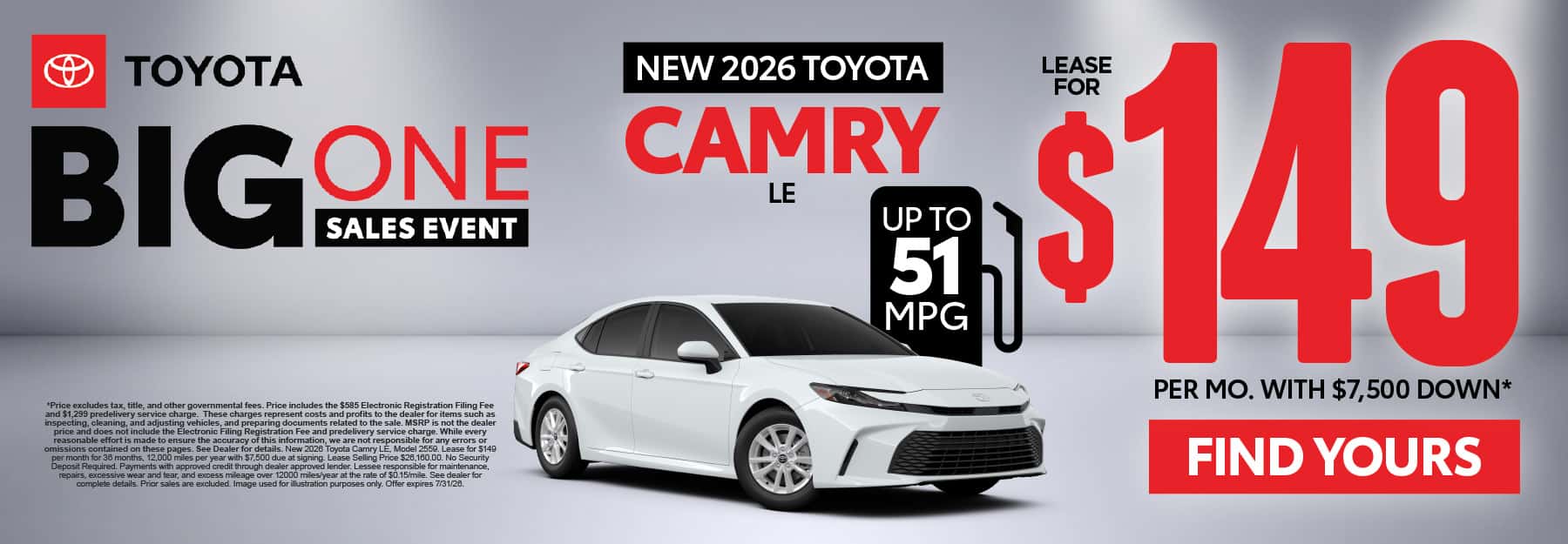 2026 Toyota Camry LE Lease for $149 Per month with $7,500 down*