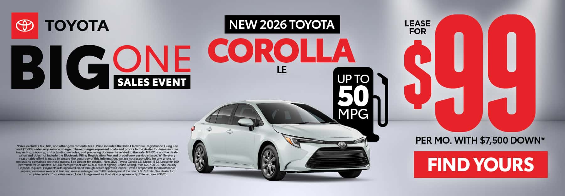 2026 Toyota Corolla LE Lease for $99 Per month with $7,500 down*