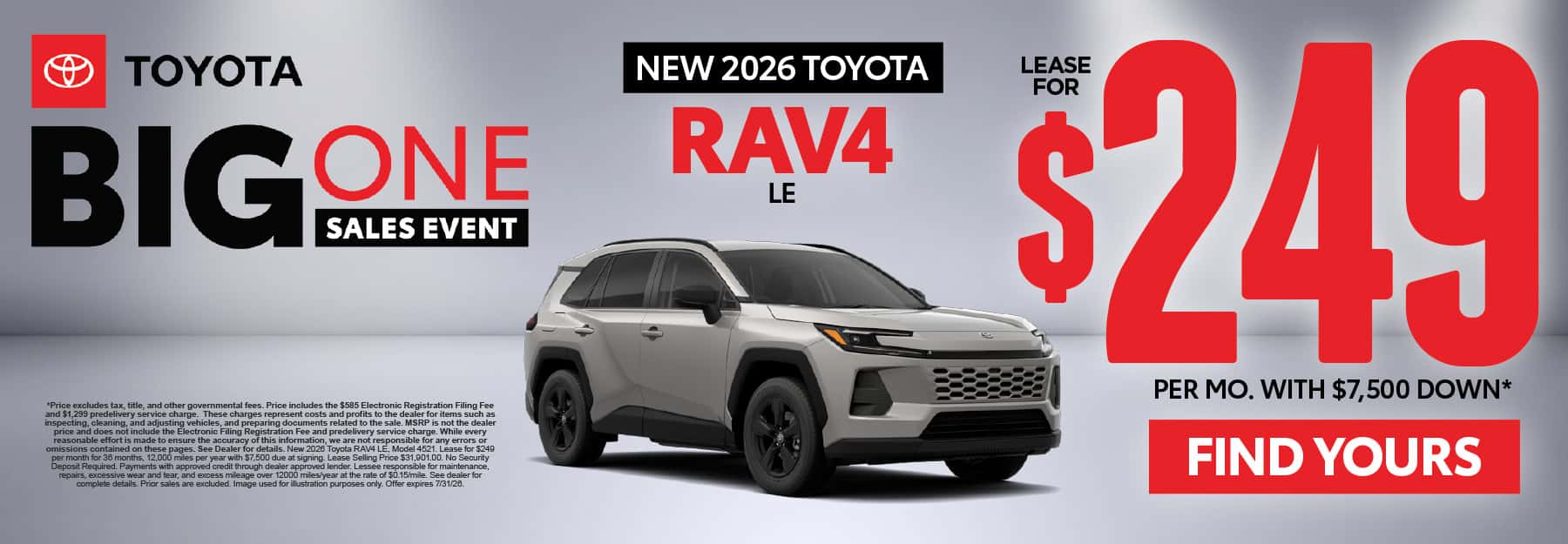 2026 Toyota Rav4 LE Lease for $249 Per month with $7,500 down*