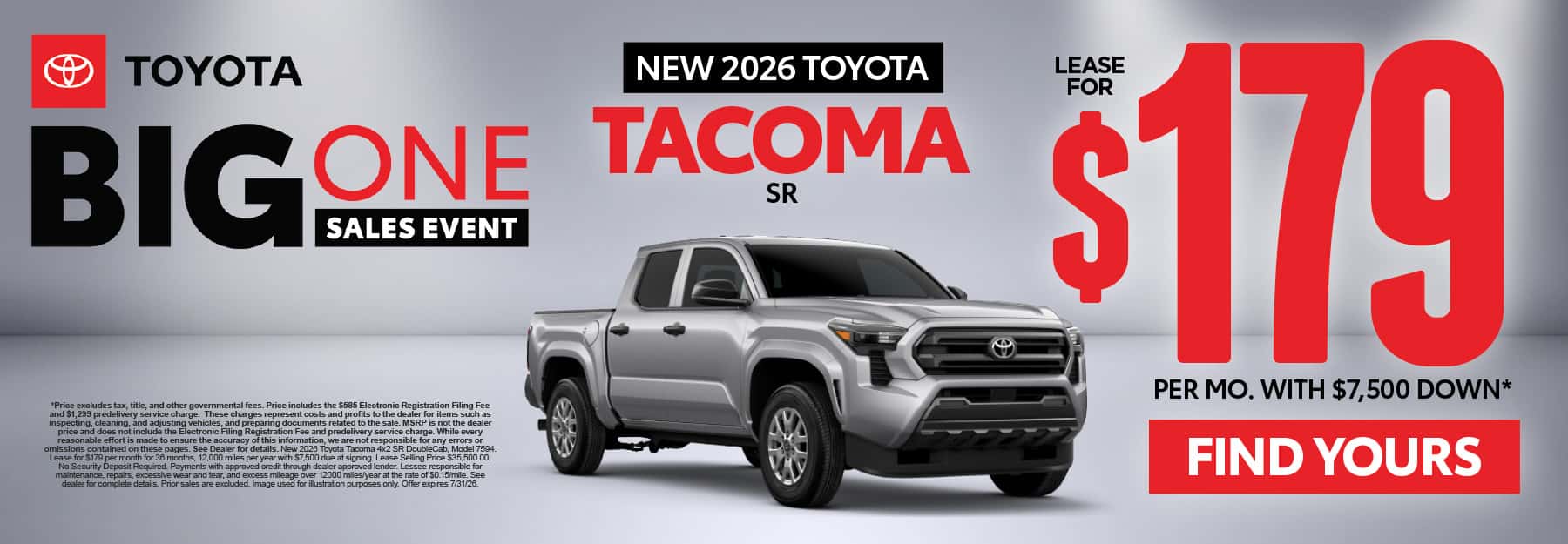 2026 Toyota Tacoma SR Lease for $179 Per month with $7,500 down*