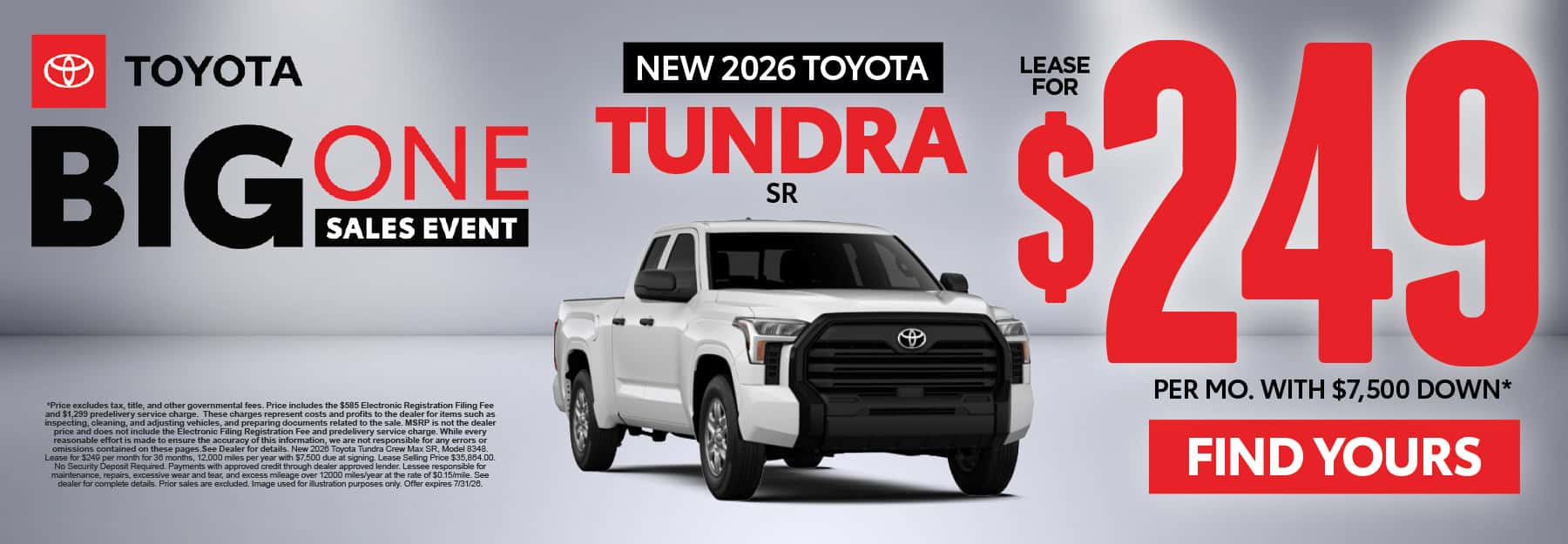 2026 Toyota Tundra SR Lease for $249 Per month with $7,500 down*