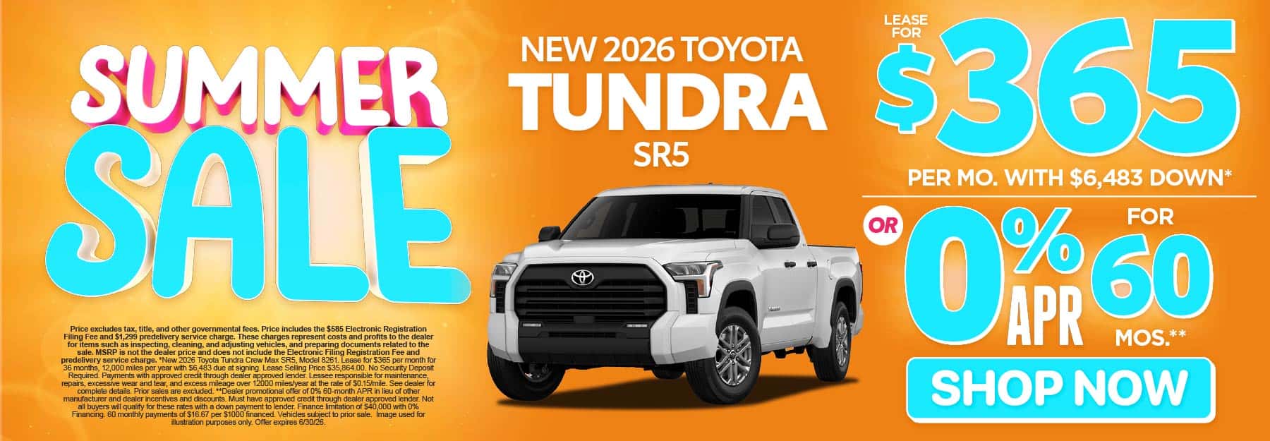 2026 Toyota Tundra SR5 Lease for $365 Per month with $6,483 down* or 0% APR for 60 Months**
