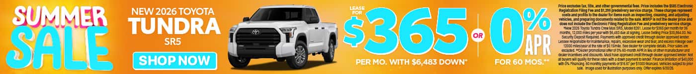 2026 Toyota Tundra SR5 Lease for $365 Per month with $6,483 down* or 0% APR for 60 Months**