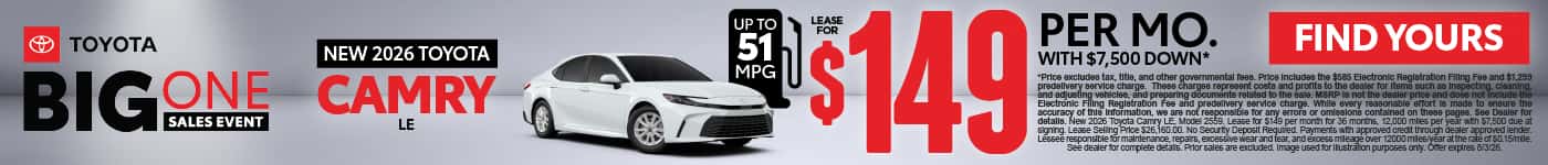 2026 Toyota Camry LE Lease for $149 Per month with $7,500 down*