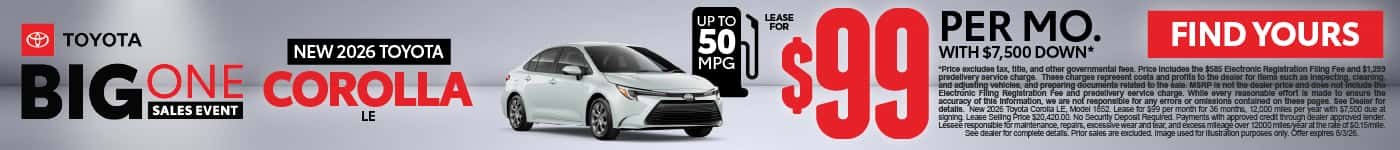 2026 Toyota Corolla LE Lease for $99 Per month with $7,500 down*