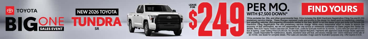 2026 Toyota Tundra SR Lease for $249 Per month with $7,500 down*