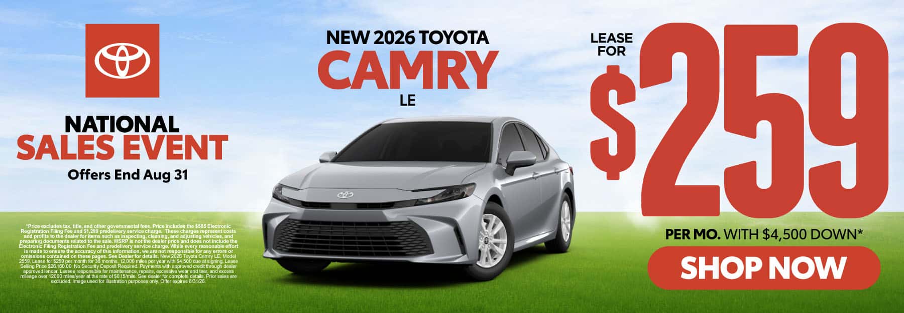 2026 Toyota Camry LE Lease for $259 Per month with $4,500 down*