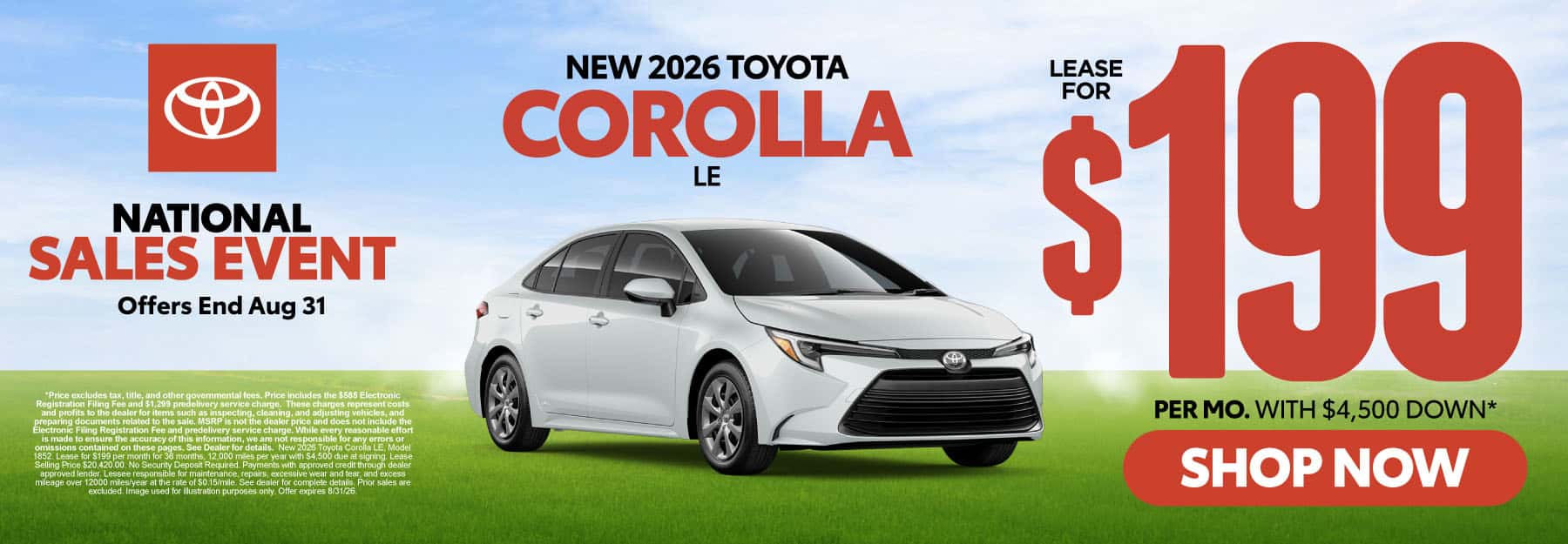 2026 Toyota Corolla LE Lease for $199 Per month with $4,500 down*
