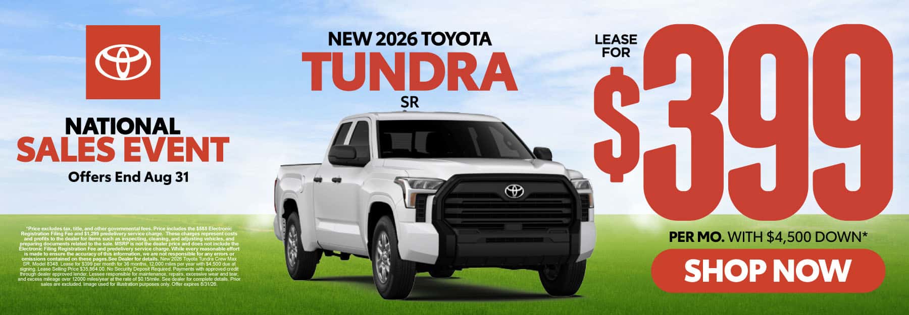 2026 Toyota Tundra SR Lease for $399 Per month with $4,500 down*