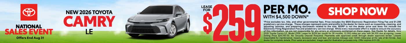 2026 Toyota Camry LE Lease for $259 Per month with $4,500 down*