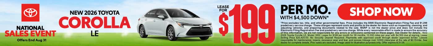 2026 Toyota Corolla LE Lease for $199 Per month with $4,500 down*