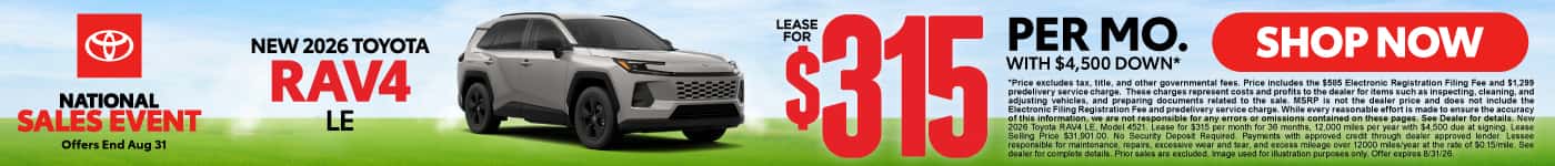 2026 Toyota Rav4 LE Lease for $315 Per month with $4,500 down*