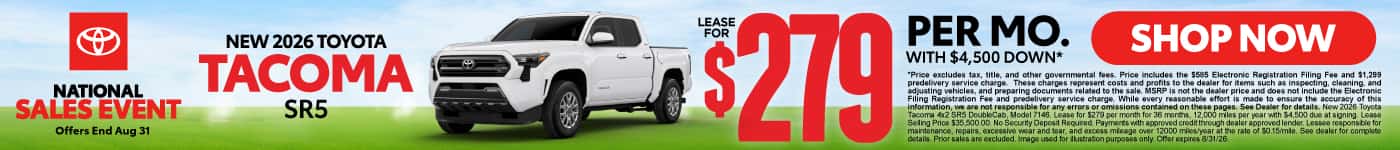 2026 Toyota Tacoma SR5 Lease for $279 Per month with $4,500 down*