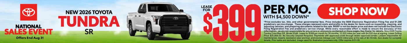 2026 Toyota Tundra SR Lease for $399 Per month with $4,500 down*