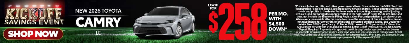 2026 Toyota Camry LE Lease for $258 Per month with $4,500 down*