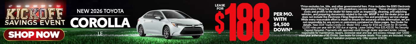 2026 Toyota Corolla LE Lease for $188 Per month with $4,500 down*