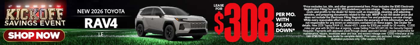 2026 Toyota Rav4 LE Lease for $308 Per month with $4,500 down*