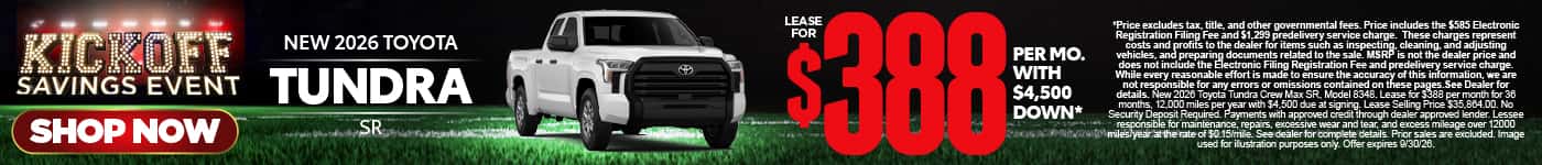 2026 Toyota Tundra SR Lease for $388 Per month with $4,500 down*