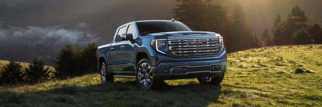A light-colored GMC Sierra 1500 pickup truck parked on a grassy hill