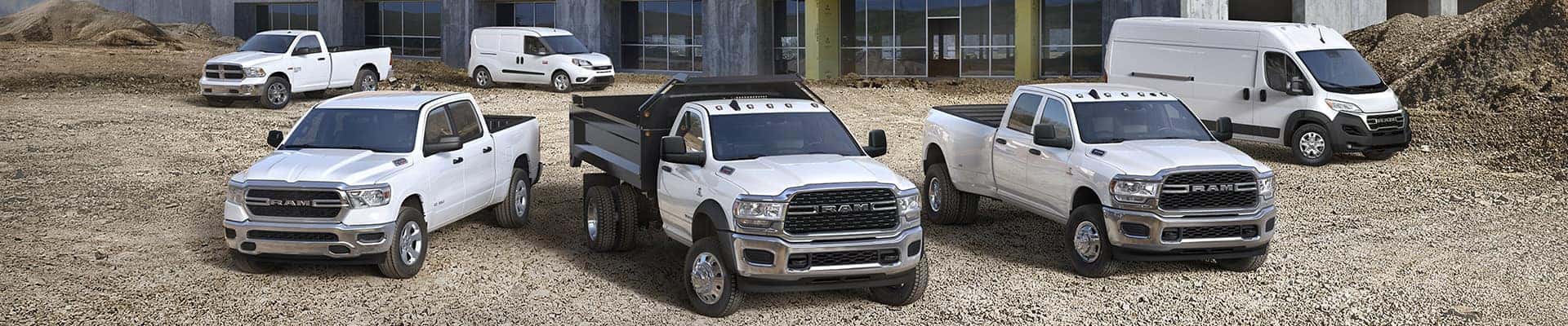lineup of Ram work trucks