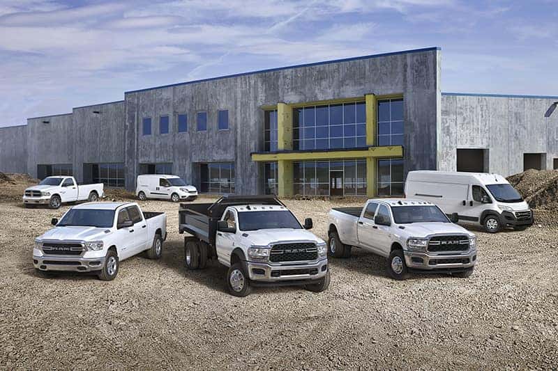 lineup of Ram work trucks