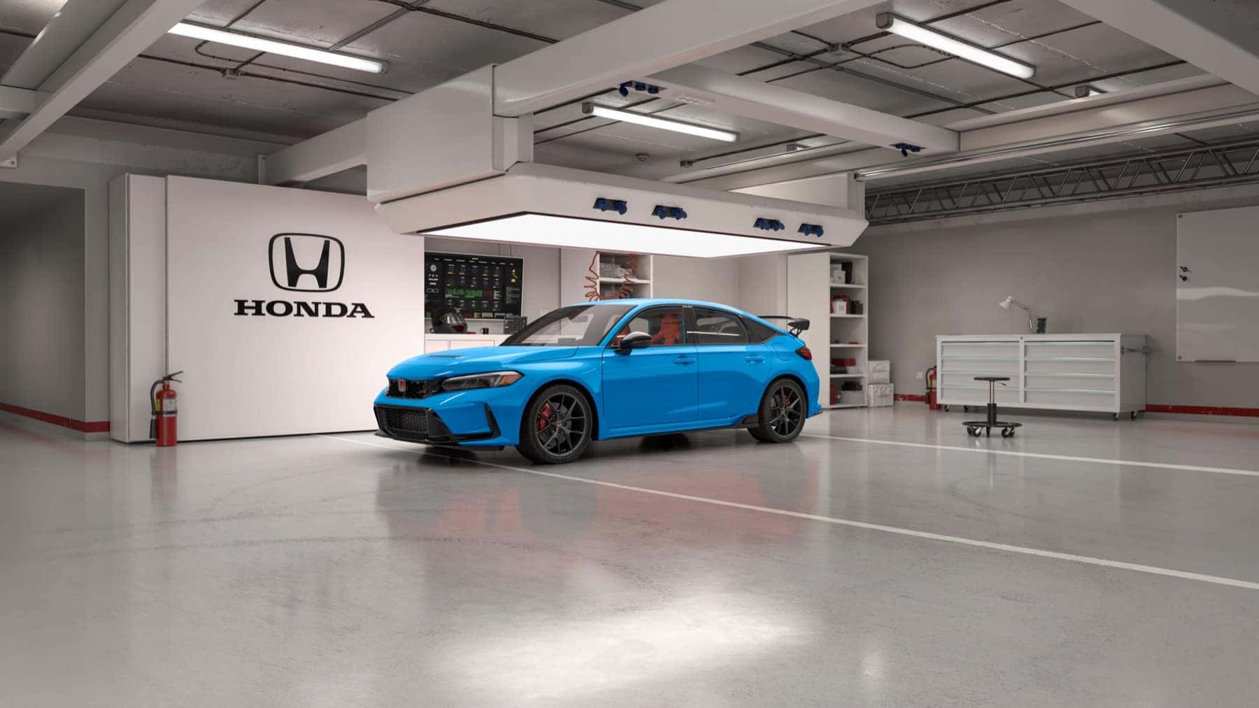 Blue 2027 Honda Civic Type R parked inside a garage
