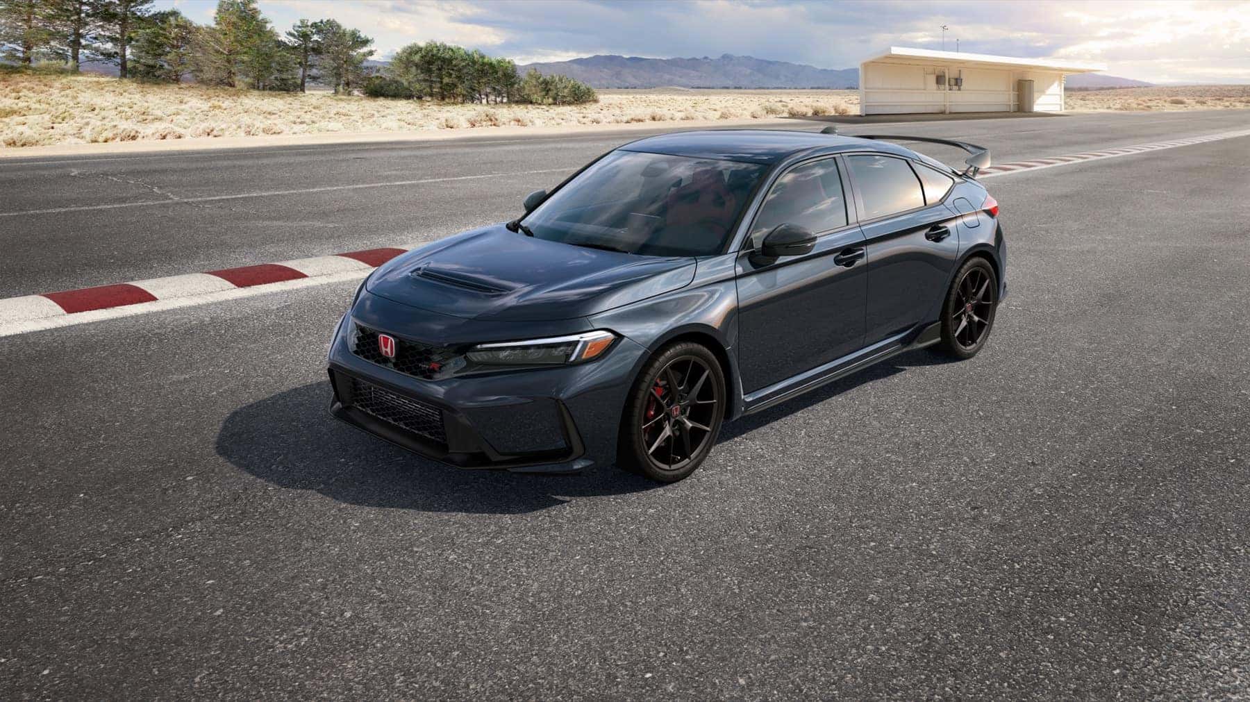Gray 2027 Honda Civic Type R on a track, viewed from above the front