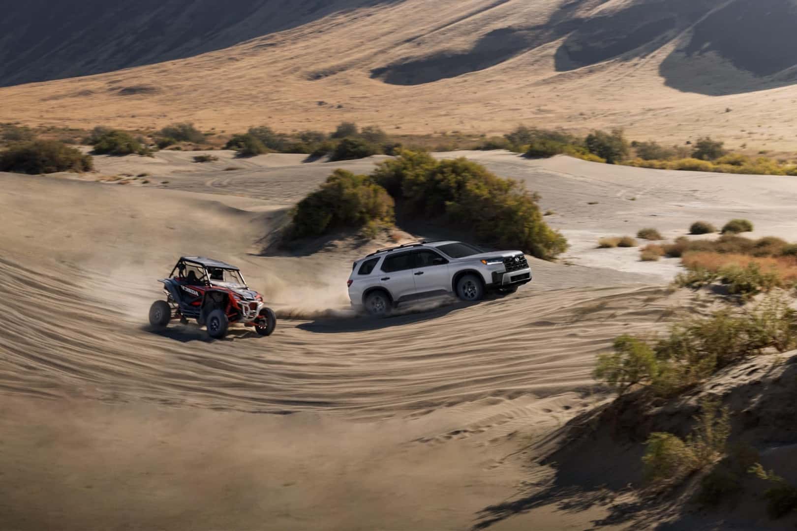 Pilot TrailSport driving on a dirt track beside an off-road vehicle