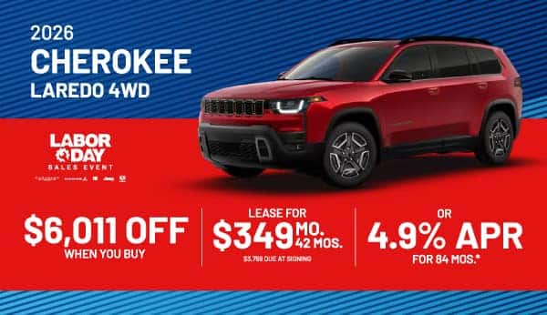 Purchase a new 2026 Jeep Cherokee and get $6,011 off, Lease for $349/month for 42 Months, or 4.9% APR for 84 Months