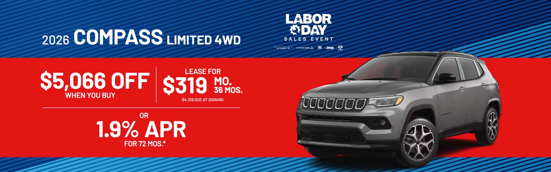 2026 Compass Limited 4WD : $5,066 off when you buy — Lease for $319/month for 36 months or 1.9% APR for 72 months*