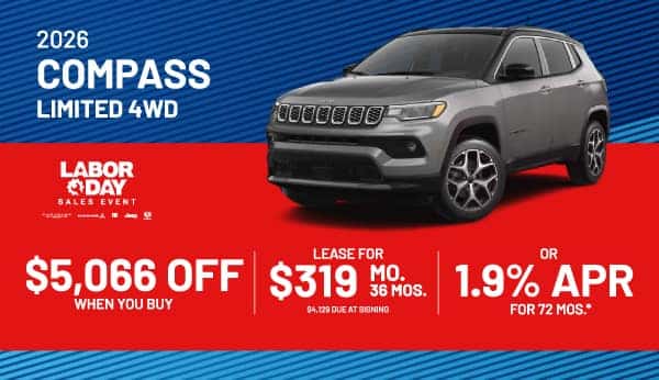 Purchase a new 2026 Jeep Compass and get $5,066 off, Lease for $319/month for 36 Months, or 1.9% APR for 72 Months