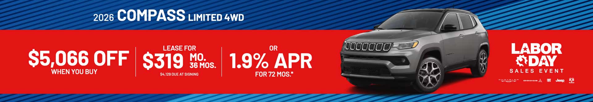 2026 Compass Limited 4WD : $5,066 off when you buy — Lease for $319/month for 36 months or 1.9% APR for 72 months*