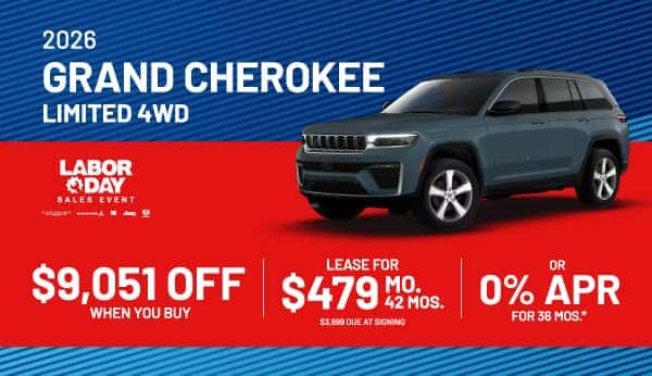 Purchase a new 2026 Jeep Grand Cherokee and get $9,051 off, Lease for $479/month for 42 Months, or 0% APR for 36 Months