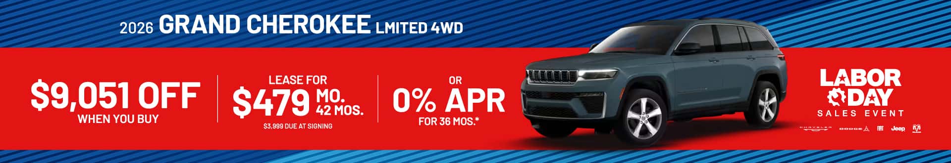 2026 Grand Cherokee Limited 4WD : $9,051 off when you buy — Lease for $479/month for 42 months or 0% APR for 36 months*
