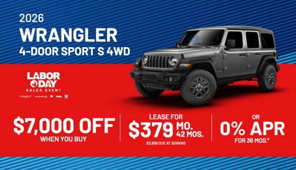 Purchase a new 2026 Jeep Wrangler and get $7,000 off, Lease for $379/month for 42 Months, or 0% APR for 36 Months