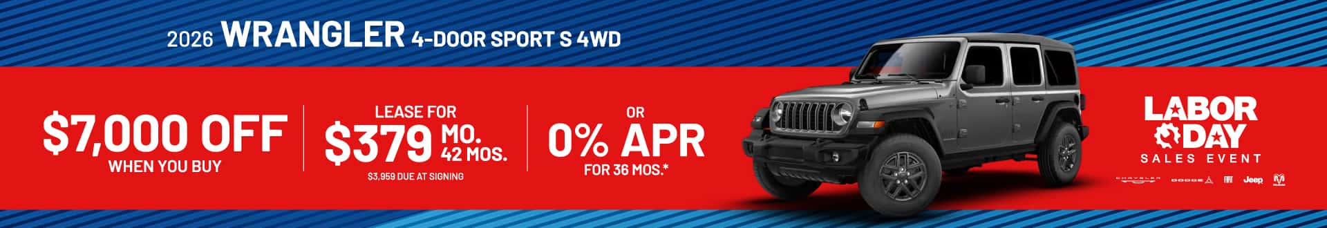 2026 Wrangler 4-Door Sport S 4WD : $7,000 off when you buy — Lease for $379/month for 42 months or 0% APR for 36 months*