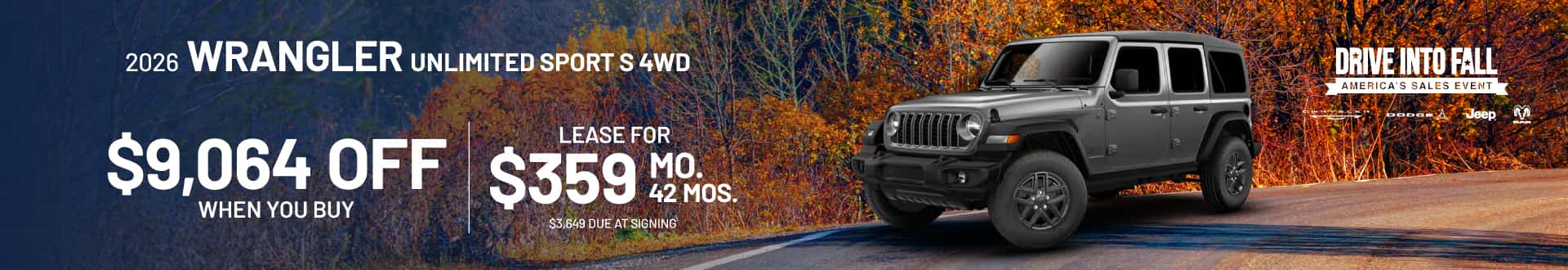 2026 Wrangler Unlimited Sport S 4WD : $9,064 off when you buy — Lease for $359/month for 42 months*
