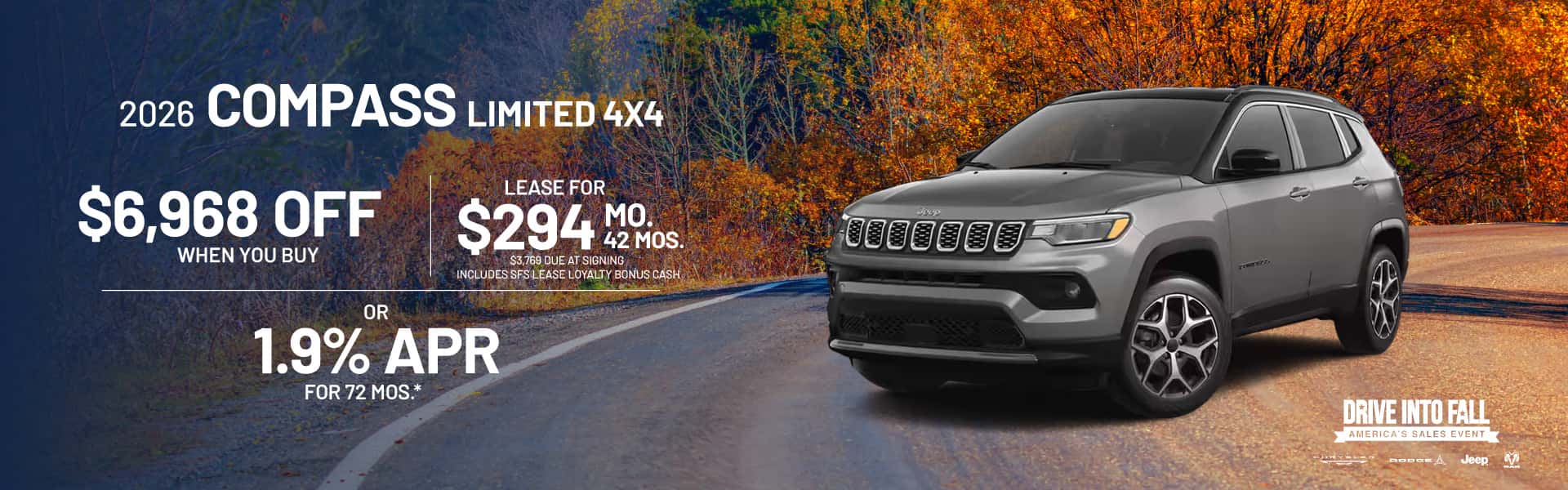 2026 Compass Limited 4X4 : $6,968 off when you buy — Lease for $294/month for 42 months or 1.9% APR for 72 months*