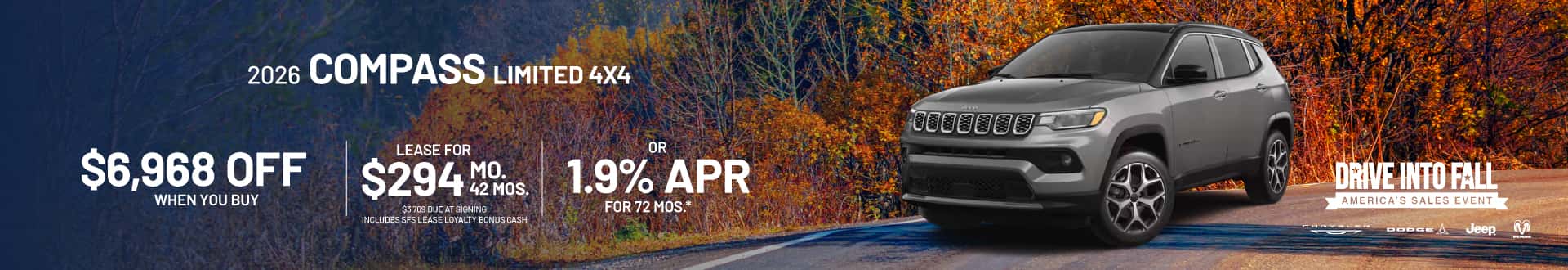 2026 Compass Limited 4X4 : $6,968 off when you buy — Lease for $294/month for 42 months or 1.9% APR for 72 months*