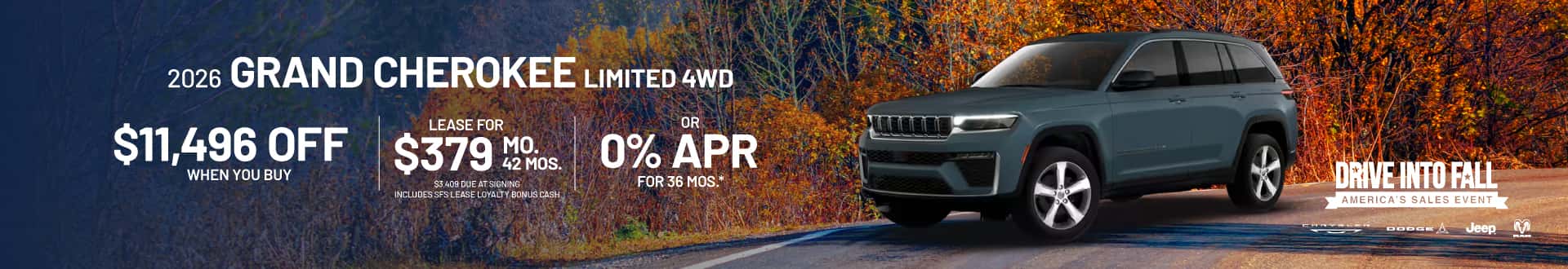 2026 Grand Cherokee Limited 4WD : $11,496 off when you buy — Lease for $379/month for 42 months or 0% APR for 36 months*